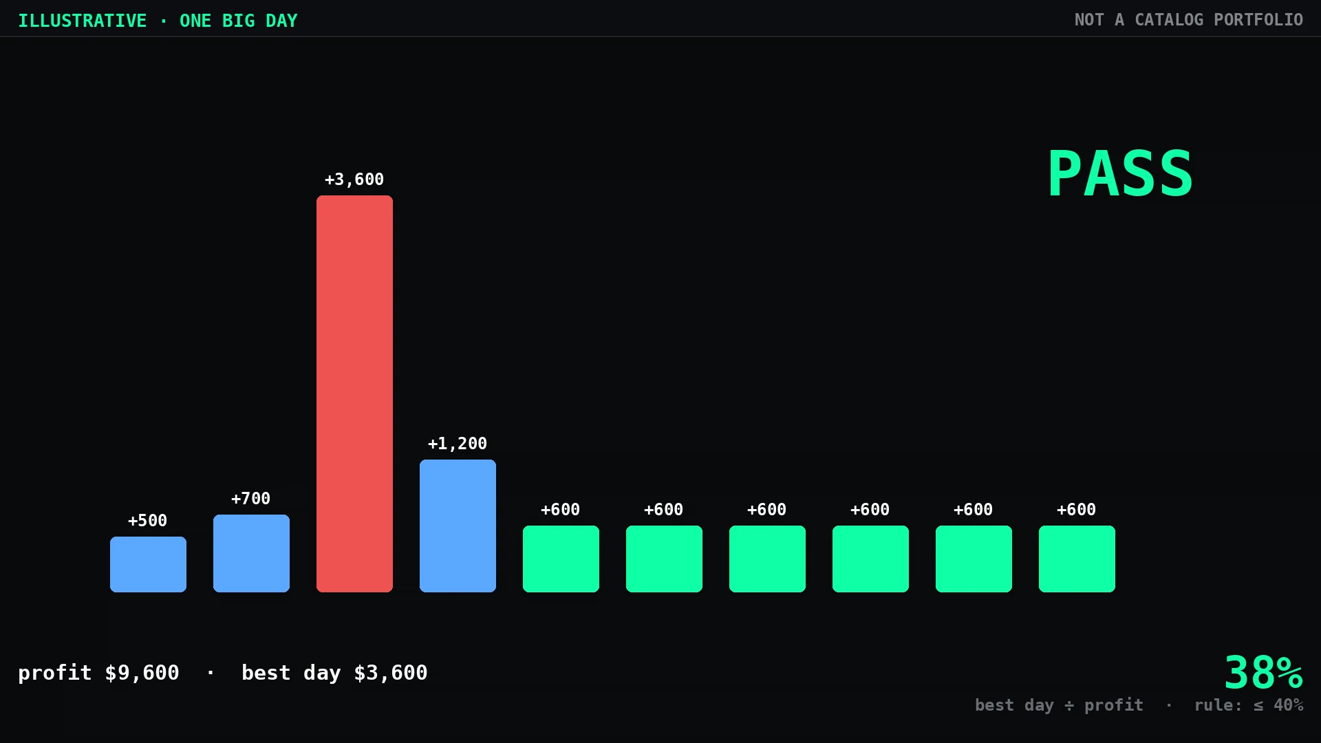 The same best day after more trading days: 38% of profit — passes