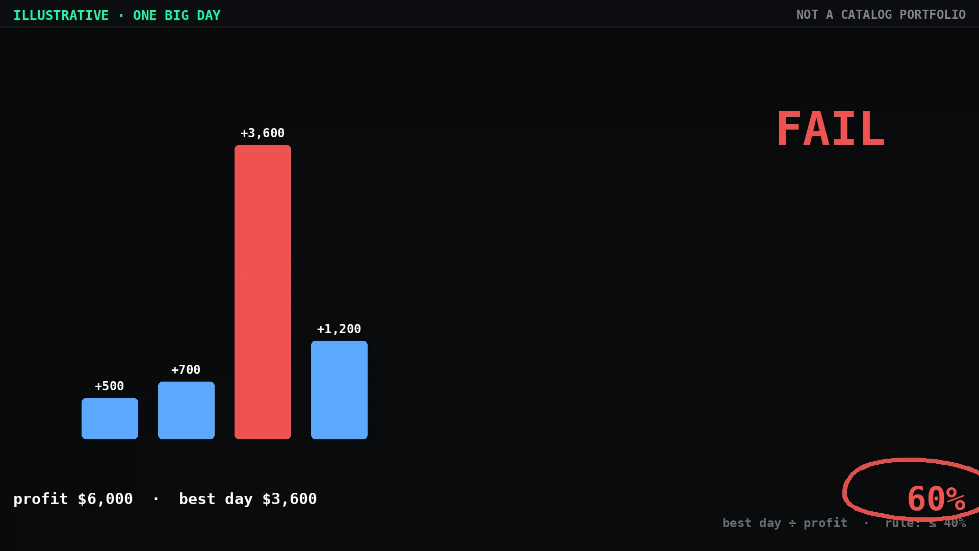 Illustrative profile: target hit in four days, one day is 60% of the profit — fails a 40% rule