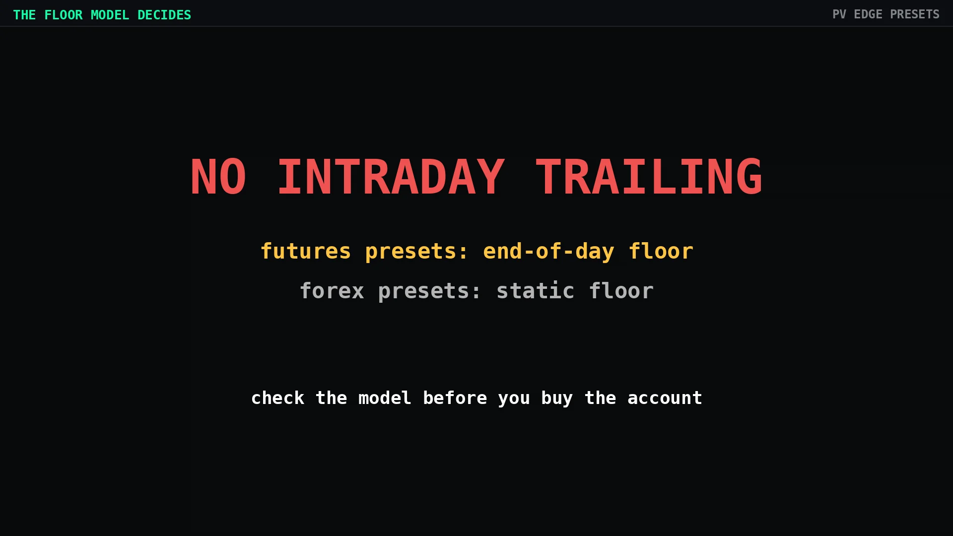 No intraday trailing: futures presets use an end-of-day floor, forex presets a static floor