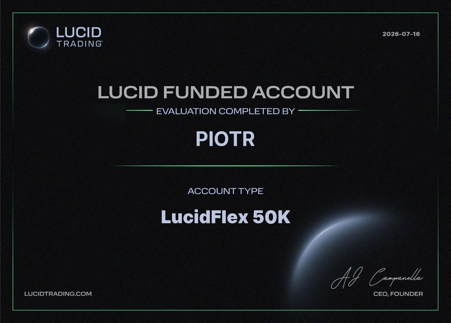 LucidPro Trader certificate, LucidFlex 150K, holder name redacted