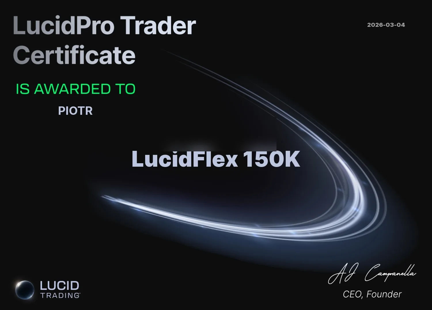 Lucid Trading funded account certificate, LucidFlex 50K, holder name redacted