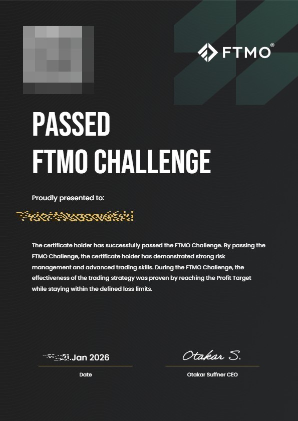 FTMO Challenge passed certificate, holder name redacted