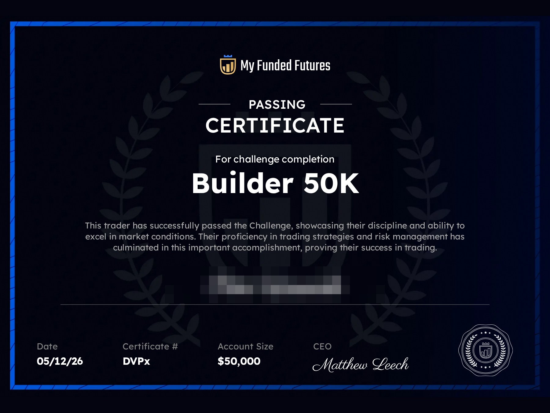 My Funded Futures passing certificate, Builder 50K challenge, holder name redacted
