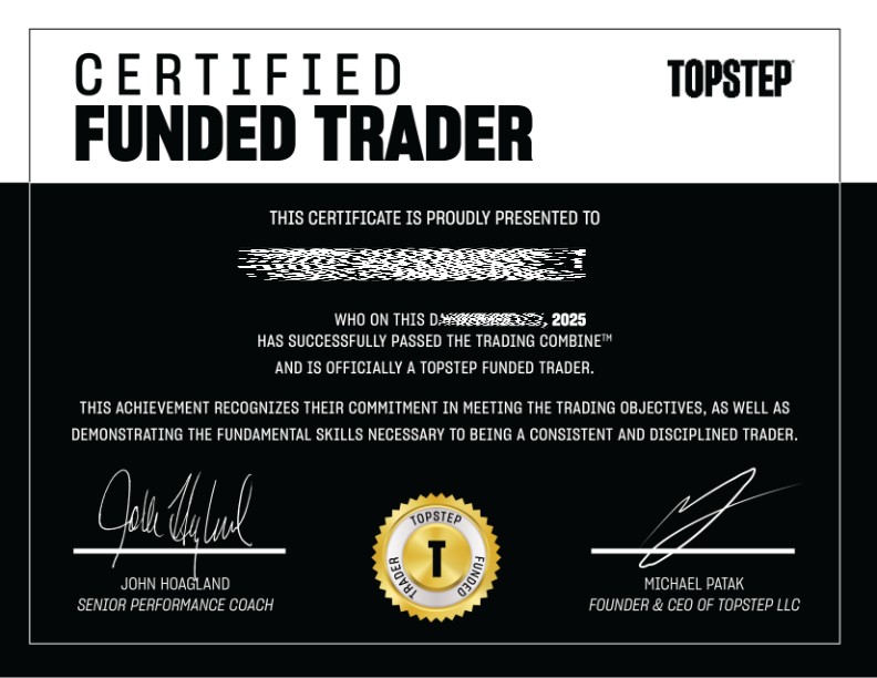 Topstep certified funded trader certificate, holder name redacted